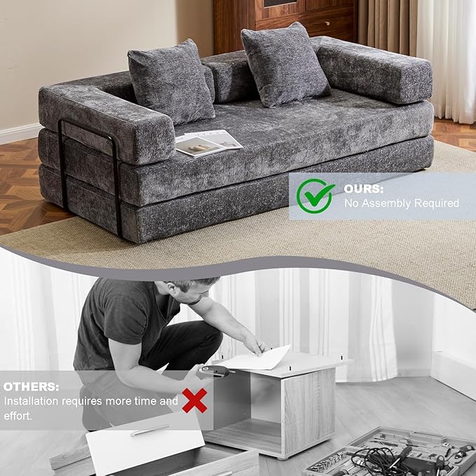 Convertible Sleeper Sofa Bed, Compression Folding Sofa with Pillow, No Assembly Required, Shape Frame, Floor Sofas Lounge Couch for Living Room, Bedroom, Small Spaces(Chenille, 77''W, Dark Grey)-Ruum Studio Home