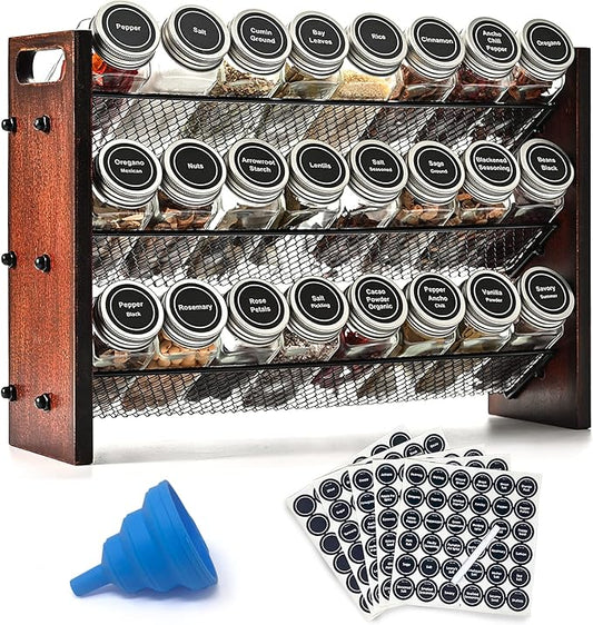Spice Rack Organizer for Cabinet, Spice Organizer with 24 Empty Spice Jars, 180 Spice Labels, Wooden Spice Jar Organizer, Seasoning Organizer for Cabinet Kitchen, Pantry, Countertop or Wall Mount-Ruum Studio Home