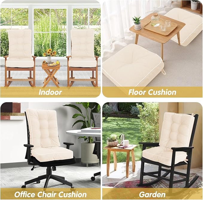 YZ HOME Rocking Chair Cushion, Set of Thicken Seat & Back Chair Cushions with Memory Foam, Non-Slip Chair Pad with Ties for for Indoor&Outdoor Rocker, Beige, 22x17x5/17x17x5-Ruum Studio Home