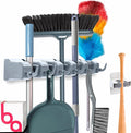 Combo 5 Slot Broom Holder w/ 1 Self Adhesive Mop Gripper No-Drilling, Wall Mount Tool Organizers For Kitchen, Garage, Laundry Room- Anti-Slip Hanger For Brooms, Mops, Rakes, Dustpans (Grey / White)-Ruum Studio Home