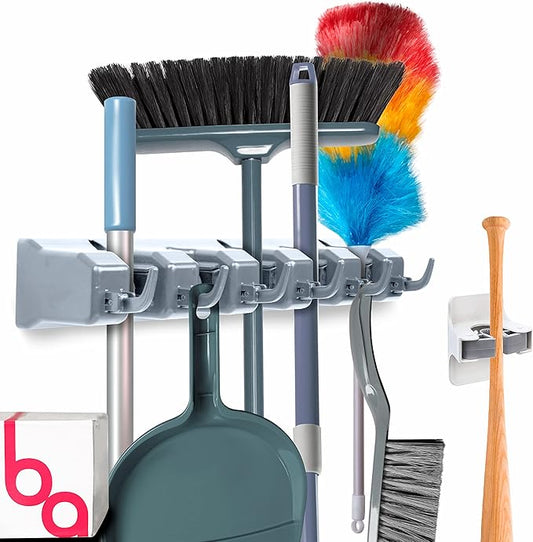 Combo 5 Slot Broom Holder w/ 1 Self Adhesive Mop Gripper No-Drilling, Wall Mount Tool Organizers For Kitchen, Garage, Laundry Room- Anti-Slip Hanger For Brooms, Mops, Rakes, Dustpans (Grey / White)-Ruum Studio Home