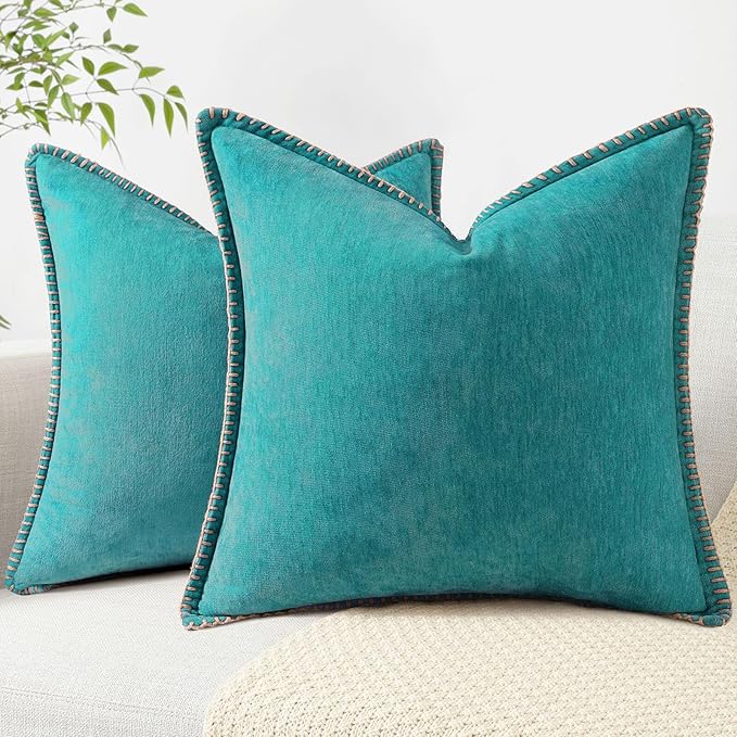 decorUhome Chenille Soft Throw Pillow Covers 20x20 Set of 2, Farmhouse Velvet Neutral Decorative Euro Pillow Covers with Stitched Edge for Couch Sofa Bed Home Decor, Turquoise-Ruum Studio Home
