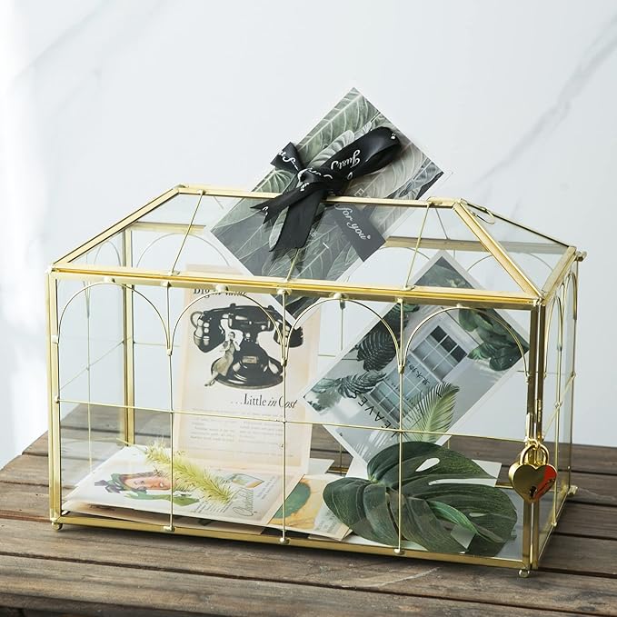 Glass Wedding Card Box with Slot, 12.6 inch Large Clear Card Box Gold Brass Gift Card Storage Box with Lock for Wedding Receptions, Baby Shower, Birthday Party, Bridal Shower-Ruum Studio Home