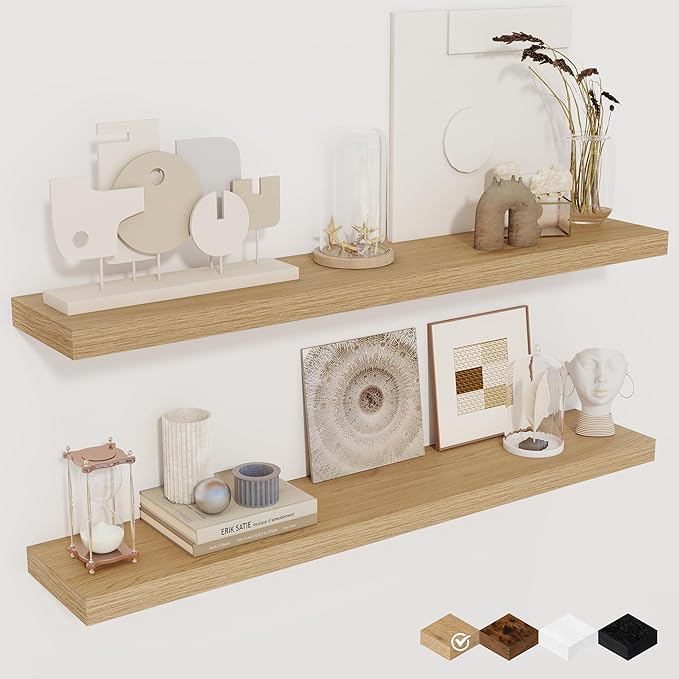 Fun Memories Floating Shelves for Wall, 36" Rustic Wood Deep Wall Mounted Shelves with Invisible Brackets for Decor & Storage, Floating Shelf for Living Room, Bathroom (Oak, Set of 2)-Ruum Studio Home