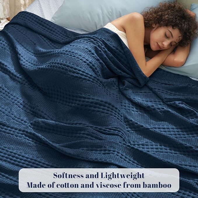 PHF Cooling Waffle Blanket King Size, Lightweight 60% Rayon Derived from Bamboo & 40% Cotton Breathable Blanket for Hot Sleepers, Soft and Luxury for Bed Couch and Sofa, 104"x90", Navy Blue-Ruum Studio Home