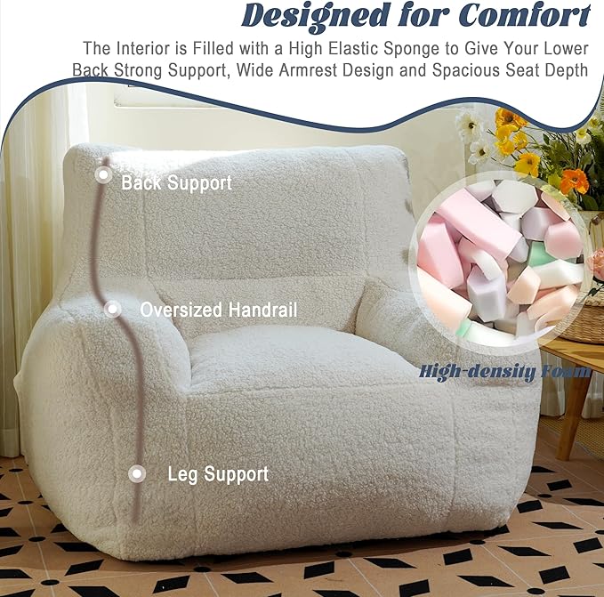 Giant Bean Bag Chair, Lambswool Bean Bag Chair for Adults, Eco-Friendly Filling Soft Bean Bag, White Been Bag for Bedroom, Living Room-Ruum Studio Home