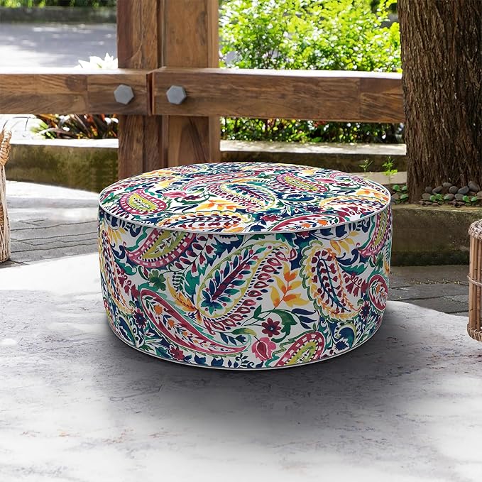 LVTXIII Indoor/Outdoor Inflatable Ottoman, D31 x H14 Inch Large Round Ottoman, All Weather Foot Rest Stool, Portable Footrest for Patio, Garden, Camping and Home - Vigour Paisley-Ruum Studio Home
