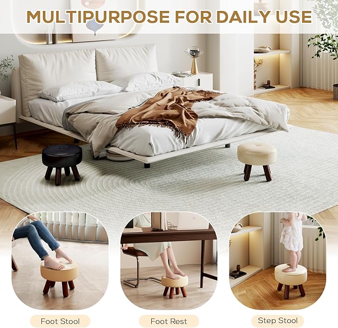 Small Foot Stool 13in, Round Faux Leaher Ottoman Foot Rest for Living Room, Under Desk Footstool Foot Rest with Non-Skid Rubber Legs for Bedroom, Entryway, 13''L x 13''W x 10.2''H, White-Ruum Studio Home