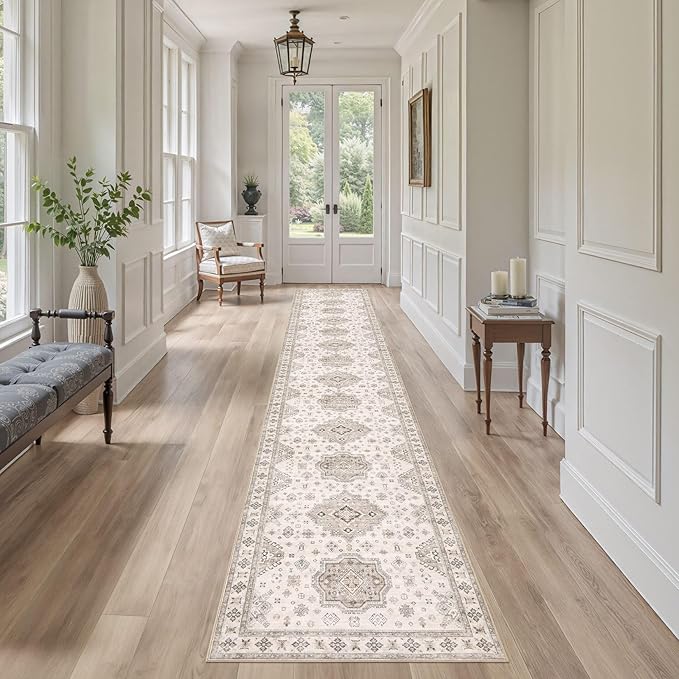 Washable 2.6x12 Runner Rug - Area Rugs Neutral Vintage Distressed Floral Farmhouse Boho Large Soft Floor Rug Indoor Carpet for Hallway Entryway Kitchen Home - Beige Brown-Ruum Studio Home