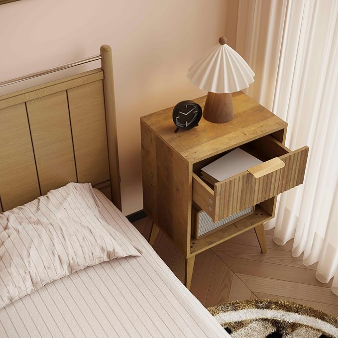 Fluted Night Stand with Opening Storage,Mid Century Bedside Table with Drawer,Wood Nightstand with Solid Wood Legs,End Table Side Table for Living Room,Bedroom,Caramel Oak CTG56BR-Ruum Studio Home