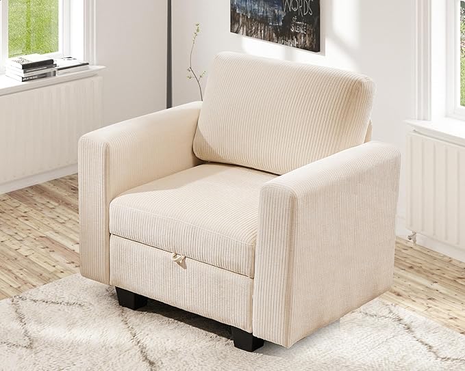 38.5 Oversized Accent Chair with Storage Ivory Corduroy, Single Modern Accent Sofa Chair with Arms for Apartment Living Room (21" Deep Seat)-Ruum Studio Home