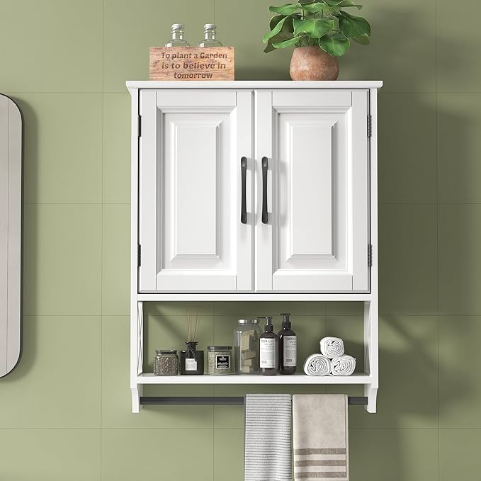 Bathroom Cabinet Wall Mounted, White Bathroom Wall Cabinets with Towel Bar and 2 Doors, Wooden Medicine Cabinet with Adjustable Shelf, Open Storage-Ruum Studio Home