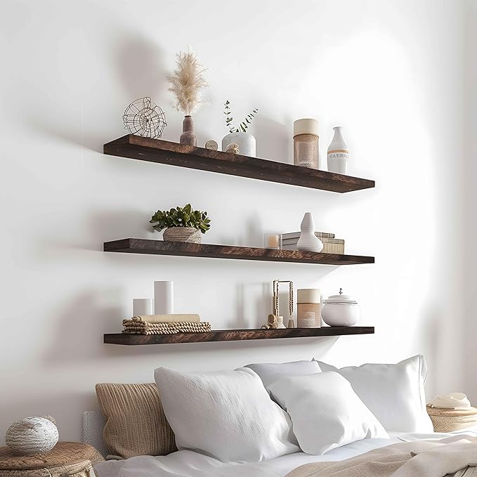 Wood Floating Shelves for Wall Decor, Rustic Wall Shelves for Bedroom Bathroom Kitchen Living Room, Set of 4 Walnut 36 Inch-Ruum Studio Home