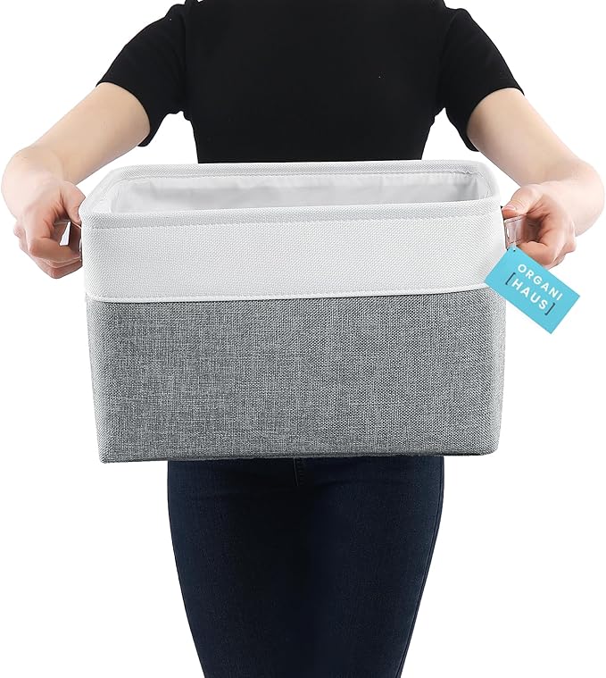 OrganiHaus Large Fabric Storage Baskets for Shelves 3 Pack, 15x11in Closet Storage Bins for Shelves, Cloth Baskets for Organizing, Linen Closet Organizers, Fabric Basket, Gray/White-Ruum Studio Home