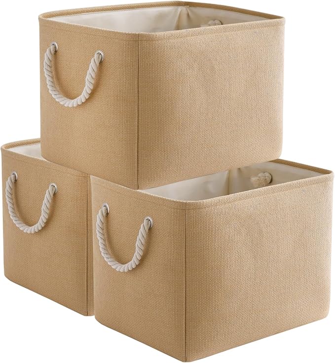 TheWarmHome Organization and Storage Basket for Organizing - 3 Pack 16x12x12 inch Cube Fabric Storage Cubes, Storage Bin for Shelves Gift Closet Organizer Cloth Toy (Beige)-Ruum Studio Home