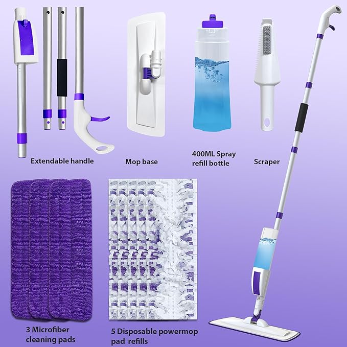 Spray Mop for Floor Cleaning with 60" Extension Handle, Dry/Wet Mop with 14oz Refillable Bottle, 3 Washable Pads&5 Disposable Refills for Hardwood Laminate Tile Floor Dust Cleaning.-Ruum Studio Home
