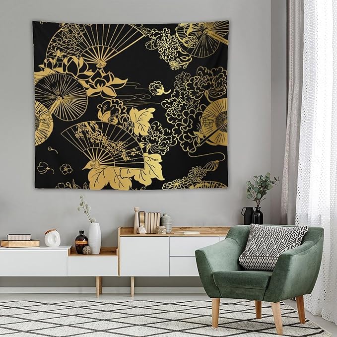 HZOHNAGO Japanese Tapestry Gold Flowers Umbrella Fan Pattern Printed Wall Tapestry Painting Wall Hanging for Bedroom Living Room Dorm 60" W x 50" H-Ruum Studio Home