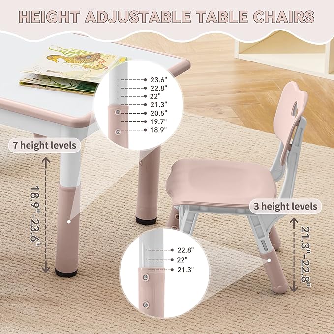 Kids Study Table and Chairs Set, Height Adjustable Toddler Table and Chair Set for Kids Ages 3-8, Graffiti Desktop Plastic Children Art Table with 4 Seats, Lovely Pink-Ruum Studio Home