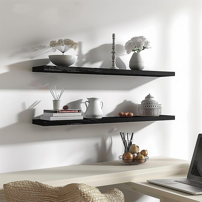 Wood Floating Shelves for Wall Decor, Rustic Wall Shelves for Bedroom Bathroom Kitchen Living Room, Set of 4 Black 48 Inch-Ruum Studio Home