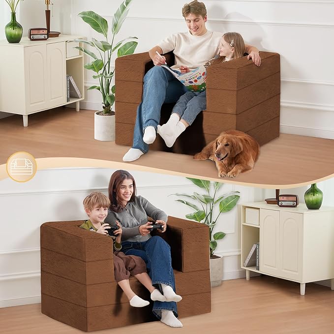 Folding Bean Bag Chair for Adults,3-in-1 Bean Bag Couch Faux Fur Floor Sofa Large Beanbag Convertible Bean Bag Sofa Bed with Pillow in Bedroom,Living Room,Apartment(Twin,Caramel)-Ruum Studio Home