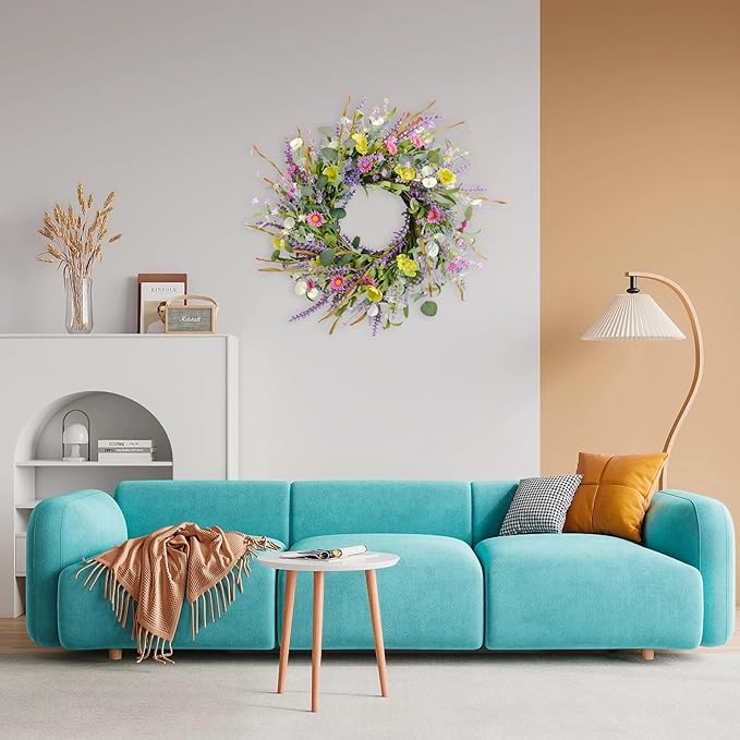 Idyllic 20 Inch Spring Summer Wild Flower Artificial Daisy Front Door Wreath, Everyday Greenery Eucalyptus Leaves for Indoor and Outdoor Use, Rustic Farmhouse Style Home Wreath Decor-Ruum Studio Home