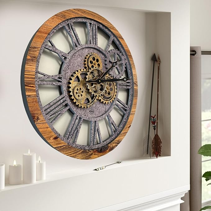 The Gears Clock The Original Real Moving Gear Wall Clock Vintage Industrial Oversized Rustic Farmhouse (24 inch (60cm),Wood&Stone)-Ruum Studio Home