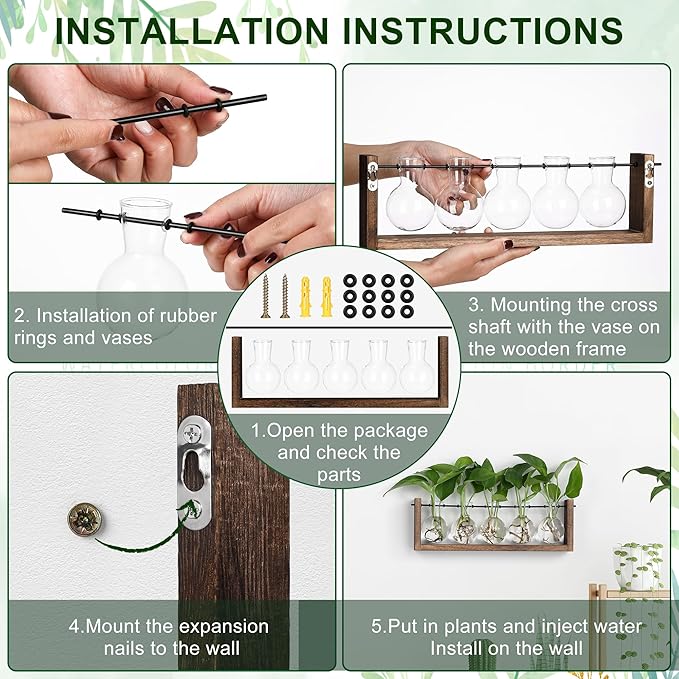 YIBOT Plants Propagation Stations,Plant Terrarium with Wooden Stand,Wall Hanging Glass Planter Plant Propagation Vase for Indoor Office Home Garden Decor Plant Lover Gifts for Women-5 Bulbs-Ruum Studio Home
