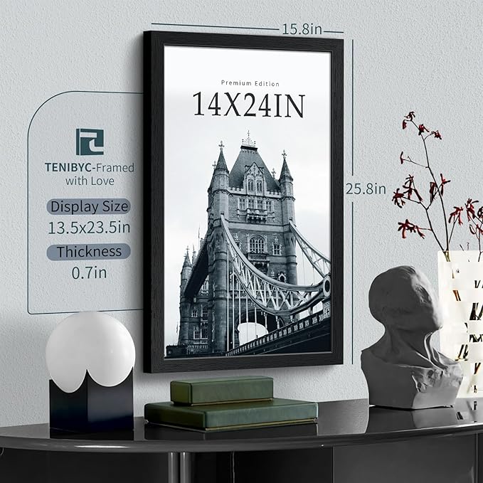 14x24 Poster Frame 3 Pack, Textured Black Solid Wood Gallery Picture Frame - Wall Hanging-Ruum Studio Home