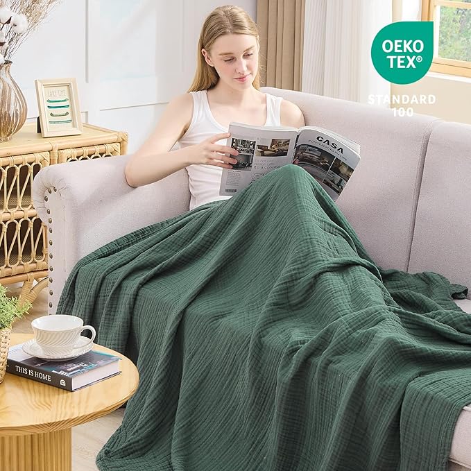 EMME Cotton Muslin Twin Blanket Breathable Gauze Blanket Soft Lightweight Blankets Adults Gifts for Women (Forest Green, 60"x80")-Ruum Studio Home