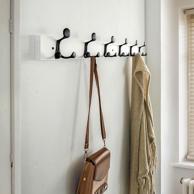 SKOLOO 36-Inch White Wood Coat Rack Wall Mount with 6 Triple Hooks - Ideal for Family Entrances, Classrooms, and Pet Supplies Storage - Perfect Coat Hooks for Wall-Ruum Studio Home