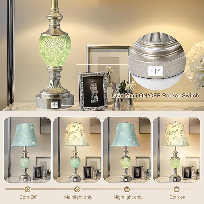 Bedside Table Lamp Set of 2 with Nightlight and USB A+C Ports, 27'' High Vintage Table Lamps with Silver Leaf Finish and Embroidered Shade, Nightstand Lamps Decor for Bedroom Living Room Home Office-Ruum Studio Home