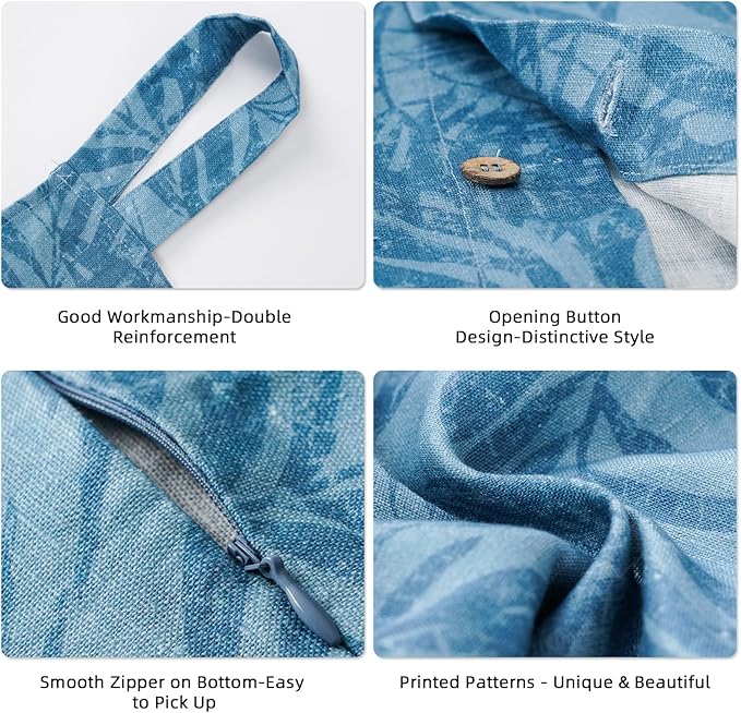 Linen Hanging Laundry Bag, 100% Linen Leaf Print Over The Door Laundry Hamper with Buttons and Zipper, Space Saving Door Hampers for Laundry Dirty Clothes Home Travel, Blue, 19.7x27.5inches-Ruum Studio Home