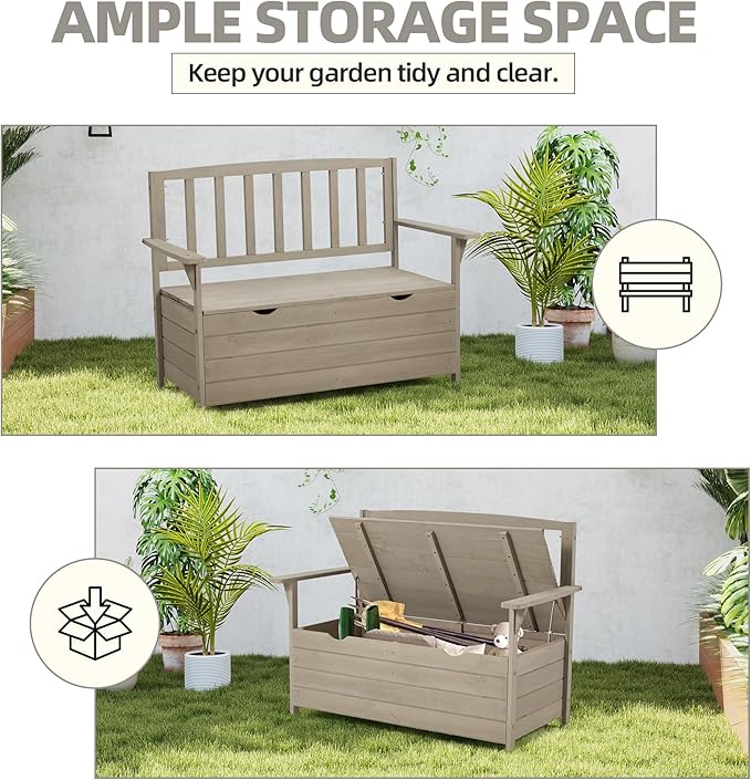 AVAWING Outdoor Storage Bench, Wooden Garden Bench Weatherproof, Patio Benches for Outside, 2-Seat Front Porch Bench, Park Bench for Deck, Lawn, Backyard (Light Gray)-Ruum Studio Home