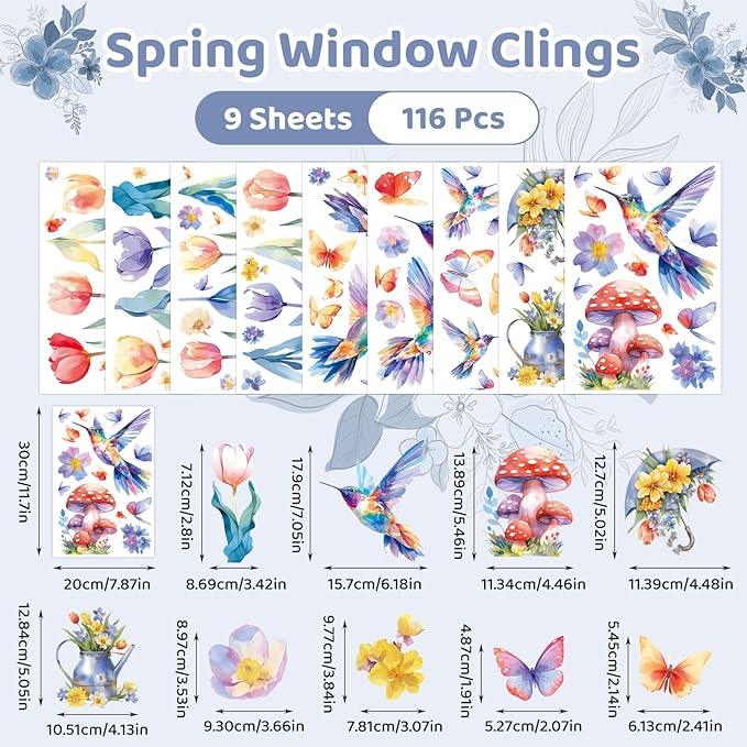 DC-BEAUTIFUL 116 PCS Spring Window Clings, 9 Sheets Double-Sided Hummingbird Butterfly Flower Easter Window Stickers, Reusable Static Floral Window Decals for Home School Office Party Decors-Ruum Studio Home