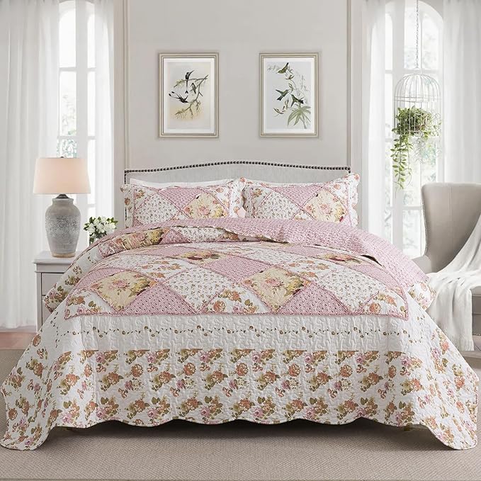NEWLAKE Quilt Set Queen Size, Bedspread Sets Pink Botanical Floral, Reversible Quilt Bedding Set Lightweight and Breathable for All Seasons, Soft Quilted Bedspread with 2 Pillow Shams-Ruum Studio Home