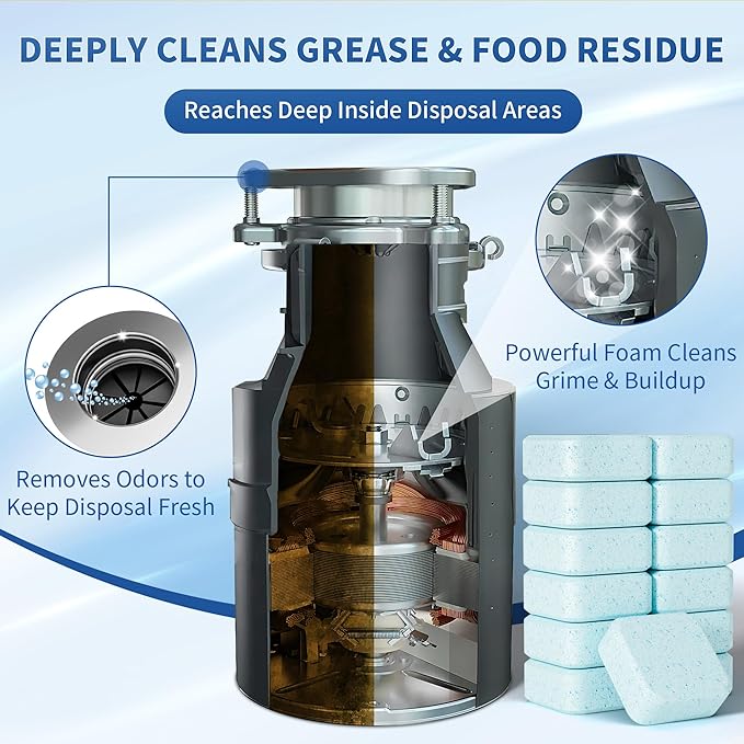 Foaming Garbage Disposal Cleaner and Deodorizer Tablets-24 Pack Food Disposal Cleaner, Quickly Eliminates Odors, XL Powerful Foaming Action, Refreshing Lemon Scent, Natural Ingredients, 1 Year Supply-Ruum Studio Home