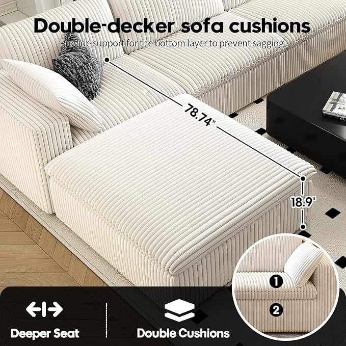 LoveSeat Cloud Couch Modular Sectional Sofa for Living Room,Modern Sofa with Deep Seat，2 Seater Boneless Couch,Comfy Upholstered Corduroy Couches for Apartment, Studio, Office,Bedroom，White-Ruum Studio Home