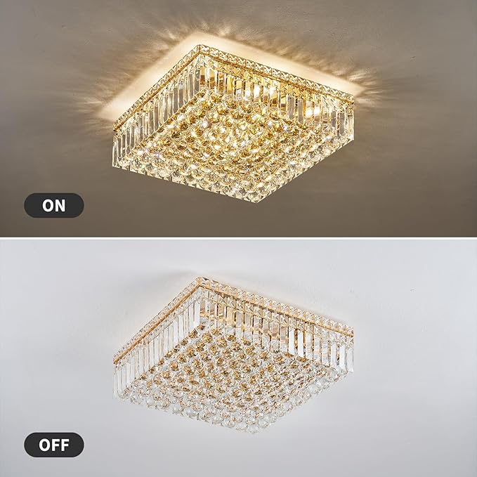 12-Lights Gold Crystal Flush Mount Ceiling Light Fixtures,Elegant Crystal Chandelier Pendant Ceiling Lamp for Bedroom,Living Room,Dining Room,Hallway H5.9 x W20 x L20 (Bulb Not Included) Square-Ruum Studio Home
