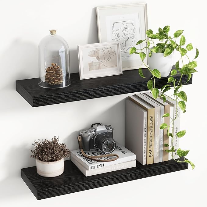 24 Inch Floating Shelves, 8 Inch Deep Floating Shelves for Wall, Hanging Shelf with Invisible Brackets, Deep Shelves for Bathroom, Bedroom, Living Room, Black, Set of 2-Ruum Studio Home