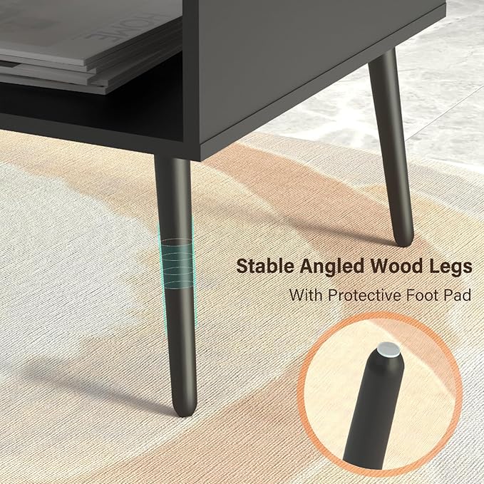 HAIOOU Coffee Table, Mid Century Modern Style Cocktail Table TV Stand with Drawer, Open Storage Shelf, Stable Floor-Anti-Scratching Pine Leg for Home, Office, Living Room - Black-Ruum Studio Home