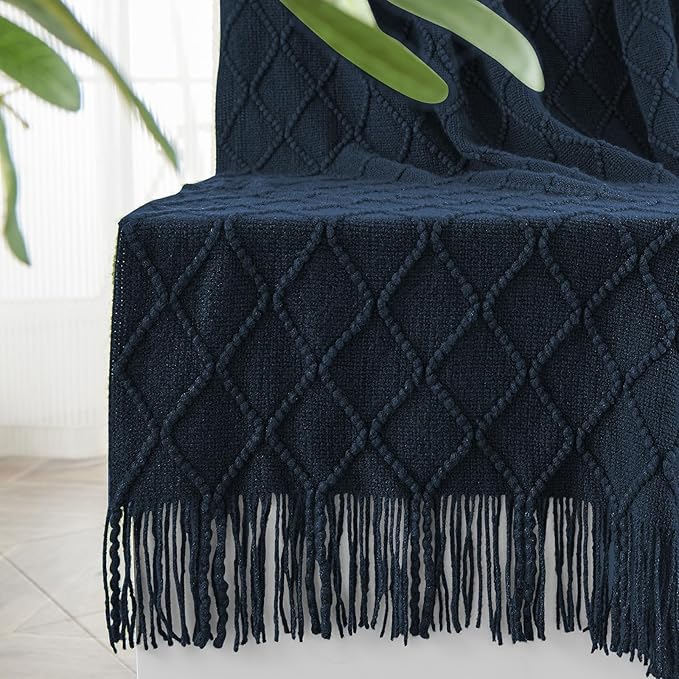 inhand Knitted Throw Blankets for Couch and Bed, Soft Cozy Knit Blanket with Tassel, Dark Blue Lightweight Decorative Blankets and Throws, Farmhouse Warm Woven Blanket for Men and Women, 50"x60"-Ruum Studio Home
