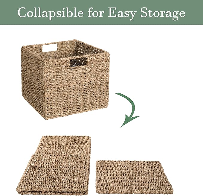 12x12x10in Seagrass Storage Baskets Set of 4, Large Wicker Storage Basket, Decorative Seagrass Shelf Basket, Pantry Baskets Organization,Folding Storage Cube Bins-Ruum Studio Home