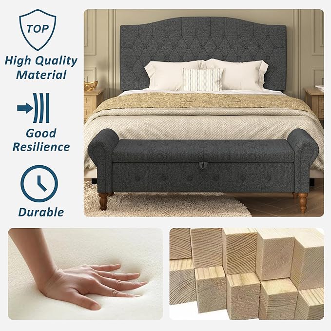 Storage Ottoman Bench for Bedroom, Linen 52" End of Bed Bench with Rolled Arms Upholstered Ottoman Bench Fit for Bedroom, Living Room, Entryway, Dark Gray-Ruum Studio Home