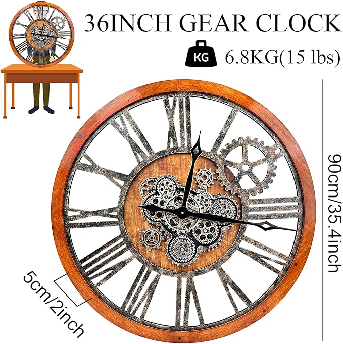 The B-Style 36" Large Moving Gear Wall Clock Oversized Vintage Farmhouse Wall Clocks for Living Room Decor Rustic Industrial Wood Clock (Brwon with Bronze Gears)-Ruum Studio Home