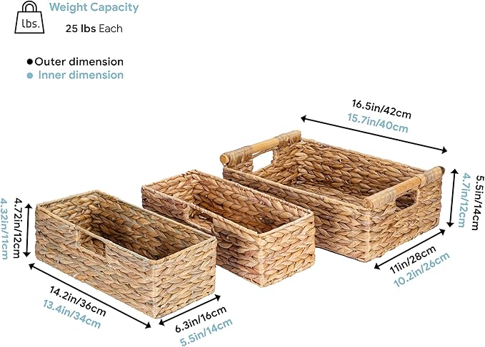 VATIMA Large Water Hyacinth Storage Baskets for Organizing with Wooden Handles for Shelves, 2 Bathroom Small Basket, Water Hyacinth Toilet Paper Baskets, Set of Natural Wicker Storage Basket for Home-Ruum Studio Home