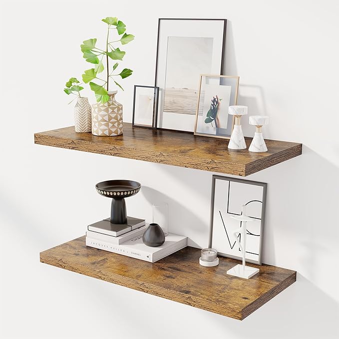 30" Floating Shelves for Wall, 12" Deep Slim Rustic Brown Floating Shelves, Wall-Mounted Shelves for Bedroom, Living Room, Kitchen, Bathroom - Set of 2-Ruum Studio Home