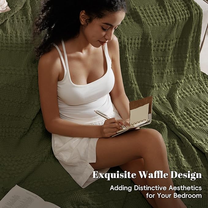 PHF 100% Cotton Waffle Weave Blanket Twin Size, Soft Lightweight Breathable Cozy Summer Blankets for Bed, Luxury Aesthetic Woven Bedding for Home Decor, 66"x90", Capulet Olive-Ruum Studio Home