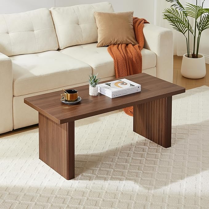 Rectangular Fluted Coffee Table, Farmhouse Wood Coffee Table Mid Century Modern Center Table Boho Living Room Tables for Living Room Office (Walnut, 19.69" D x 43.3" W x 17.72" H)-Ruum Studio Home