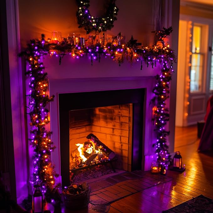 Dazzle Bright Halloween String Lights, 600 LED 196 FT Waterproof Black Wire String Lights with 8 Lighting Modes, Halloween Decorations Outdoor for Party Yard Garden Decor, Purple and Orange-Ruum Studio Home