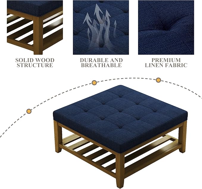 Large Square Ottoman Coffee Table, Linen Solid Upholstered Footrest Ottoman with Solid Wood Shelf Storage Tufted Coffee Table for Bedroom Living Room, Navy Blue-Ruum Studio Home